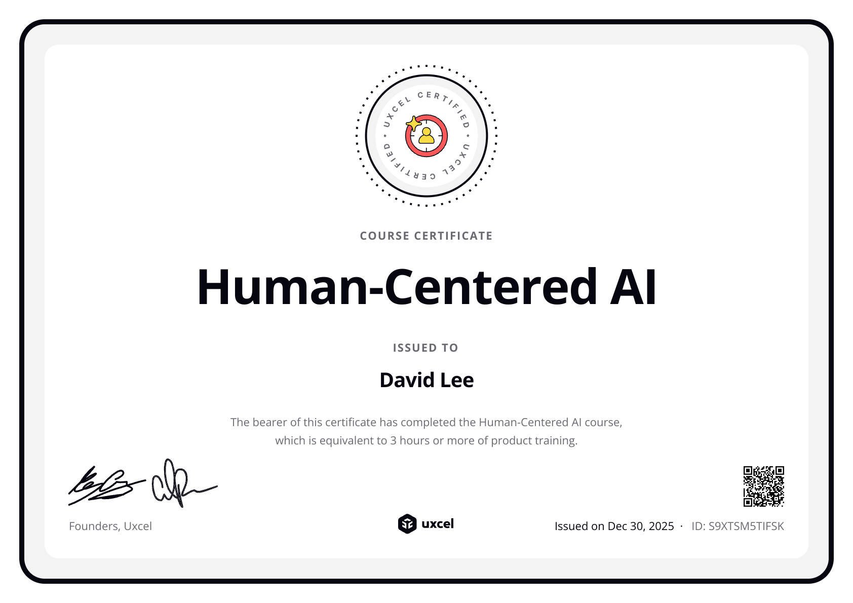 David Lee's certificate